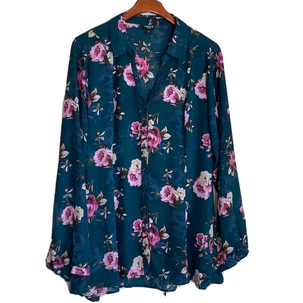 Torrid Women's Tunic Blouse Plus Size 3X‎ Floral Long Sleeve Chiffon Collared